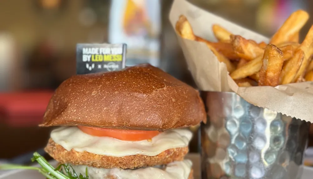 This image shows a close-up of a sandwich with a dark bread bun tomato and creamy sauce paired with a side of golden French fries
