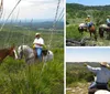 A group of people are horseback riding along a trail through a lush green landscape