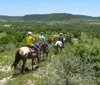 A group of people are horseback riding along a trail through a lush green landscape