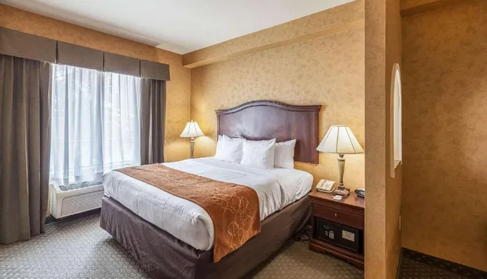 This is an image of a neatly arranged hotel room with a large bed elegant headboard side lamps and a window with sheer curtains and draperies