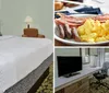 A modern hotel room featuring a neatly made bed colorful artwork on the wall patterned carpet a desk with an office chair and a window air conditioning unit beneath a closed window