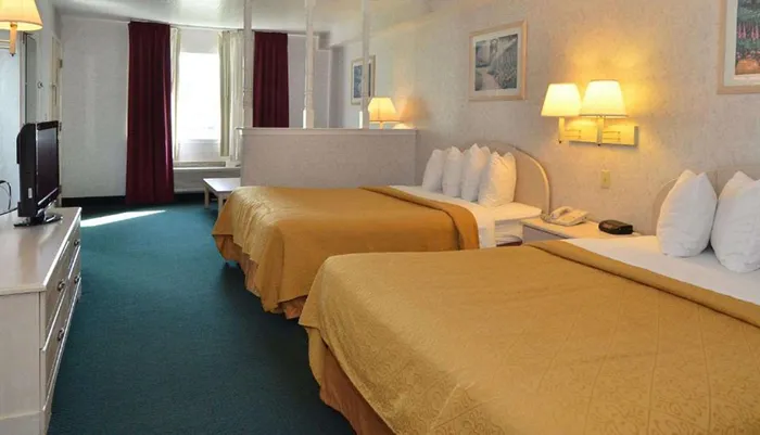 The image shows a standard hotel room with two beds a television and modest decor