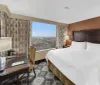 The image shows a well-appointed hotel room with a large bed a work desk and a city view through the window
