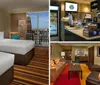 The image shows a modern well-appointed hotel room with two beds sleek furniture and a balcony that offers a city view