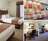 The image shows a tidy hotel room with two double beds nightstands lamps and a window with curtains