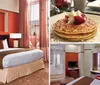 This is an image of a neatly arranged hotel room with a large bed nightstands with lamps and a warm color scheme