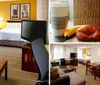 The image shows a modern hotel room with two beds a work desk with a chair a television and warm inviting decor