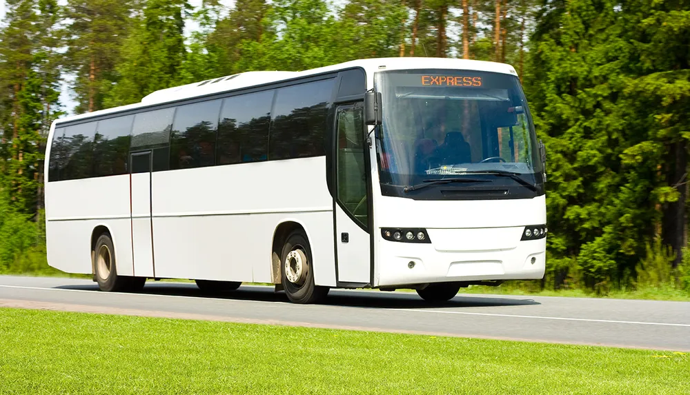 A white express bus is driving along a road bordered by greenery