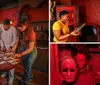 A group of people is engaging in an escape room-like setting examining tarot cards on a table with positive customer reviews and star ratings displayed