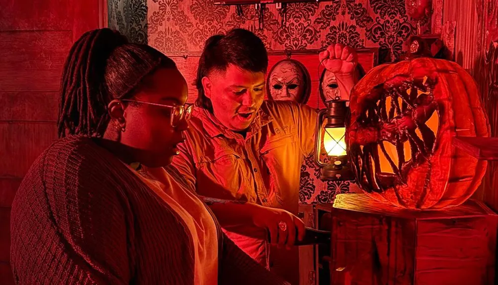 Two people are examining a sinister-looking carved pumpkin illuminated by a lantern in a dimly lit red-tinted room with spooky masks on the wall