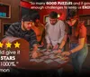 A group of people is engaging in an escape room-like setting examining tarot cards on a table with positive customer reviews and star ratings displayed