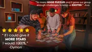 A group of people is engaging in an escape room-like setting, examining tarot cards on a table, with positive customer reviews and star ratings displayed.