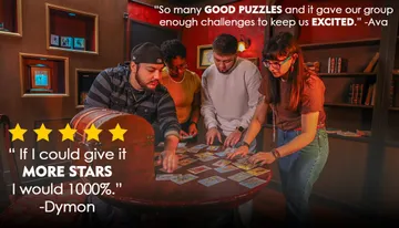A group of people is engaging in an escape room-like setting, examining tarot cards on a table, with positive customer reviews and star ratings displayed.