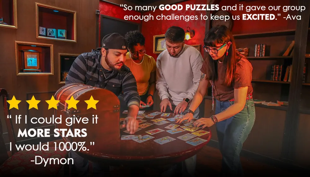 A group of people is engaging in an escape room-like setting examining tarot cards on a table with positive customer reviews and star ratings displayed