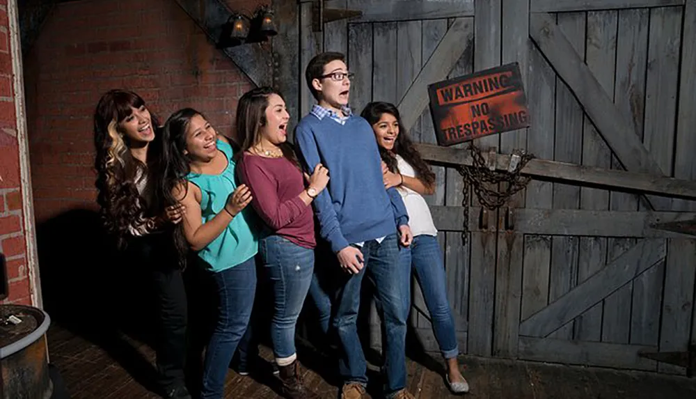 A group of five people possibly friends or actors pose in a staged setting meant to look like a spooky or thrilling scene expressing shock or fear in a playful manner next to a WARNING NO TRESPASSING sign