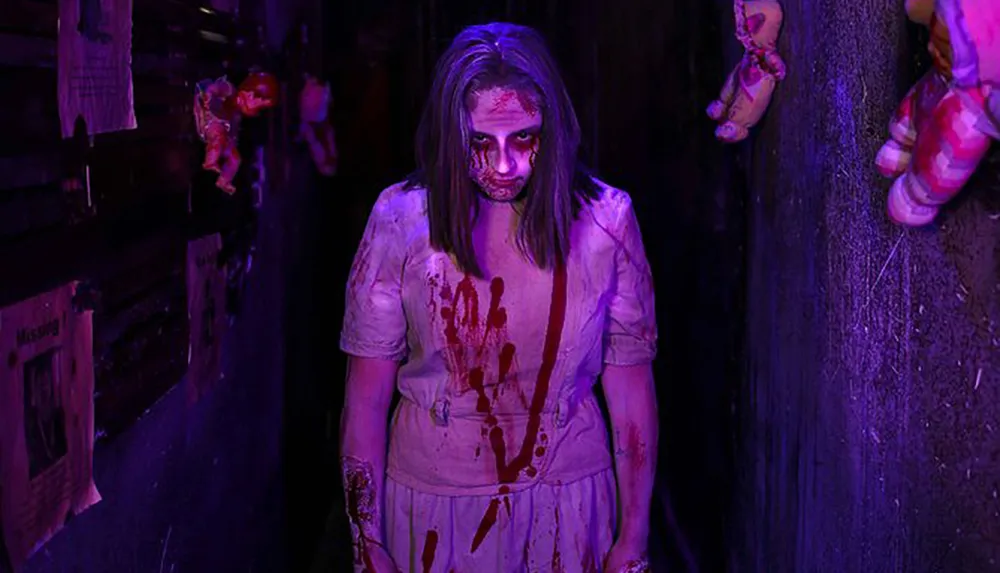 The image depicts a person with fake blood-stained clothing and dark makeup standing in a dimly lit space with horror-themed decorations giving off a haunting atmosphere possibly from a haunted house attraction or horror-themed event