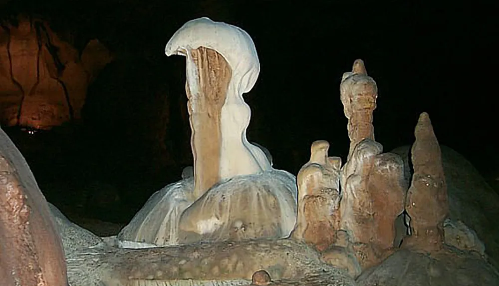 This image shows a collection of stalagmites of various sizes inside a dimly-lit cave highlighting the natural formations that occur through mineral deposits over time