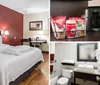 A neatly arranged hotel room with a queen-sized bed a red accent wall and a small sitting area next to the window