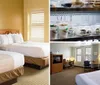 The image shows a tidy hotel room with two double beds nightstands lamps and a painting on the wall bathed in warm light