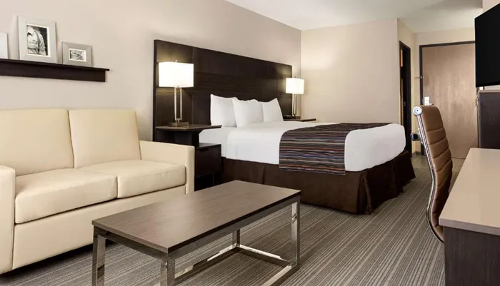 The image shows a neatly arranged modern hotel room with a double bed an office chair a couch and a coffee table