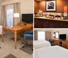 This is a neatly arranged hotel room featuring a king-sized bed a desk with a chair a television and lamps for lighting