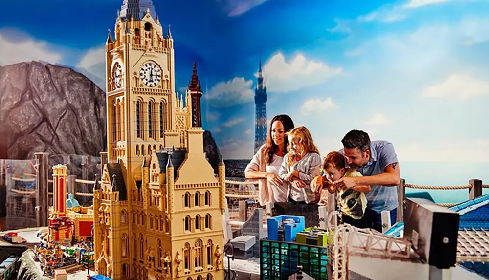 A family is enjoying exploring a detailed miniature city constructed from building blocks