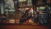 A rodeo rider is mounted on a bucking bull inside an arena, surrounded by spectators and rodeo personnel.