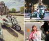 Two people are happily posing on Vespa scooters with sidecars in front of a historic stone mission building under a bright blue sky