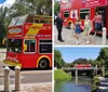 A red double-decker sightseeing tour bus is parked on the street advertising hop-on hop-off services and air conditioning with people seated on the upper open-air level