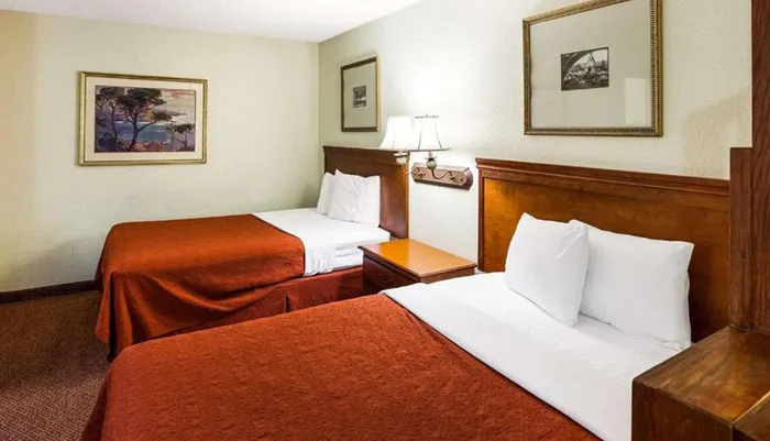This image shows a neatly arranged hotel room with two beds with white linens and burnt orange bedspreads flanked by wooden bedside tables and headboards and decorated with framed artwork on the walls