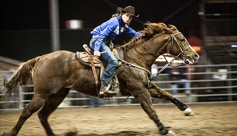 A focused rider in a blue shirt and cowboy hat is galloping on a brown horse in an equestrian arena