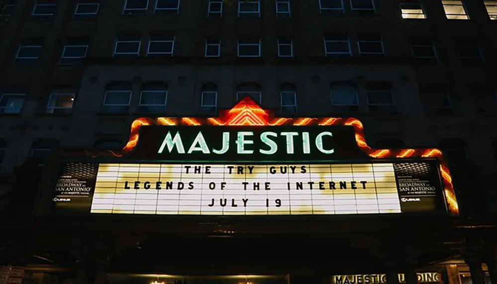 The image shows the illuminated marquee of the Majestic Theatre advertising an event titled Legends of the Internet featuring The Try Guys on July 19