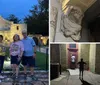 Four individuals are posing for a photo in the evening in front of the historic Alamo mission building