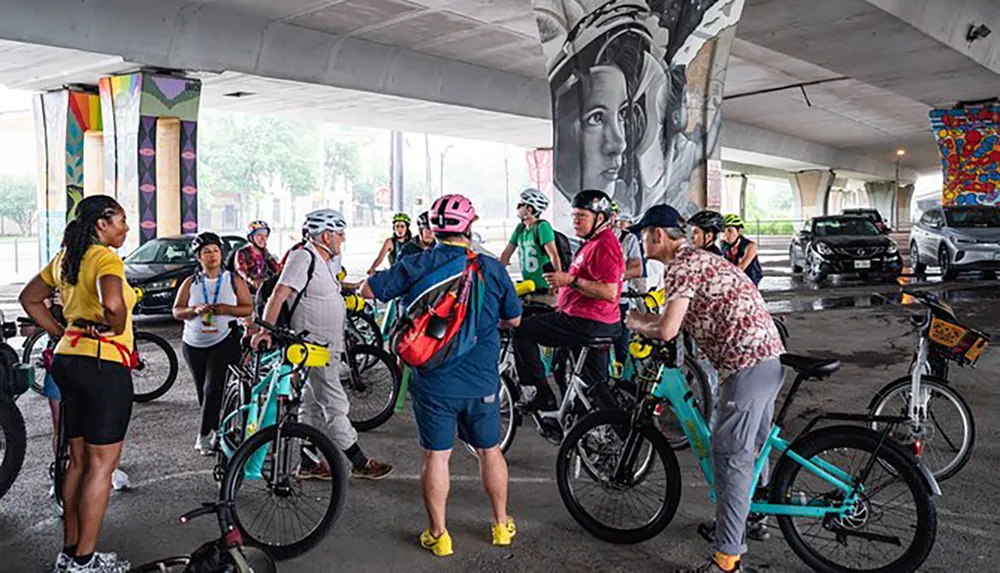A group of people wearing helmets and casual sportswear with their bicycles are gathered under an overpass or bridge where colorful murals or graffiti art are visible on the columns and walls
