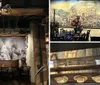 The image shows a rustic restaurant interior with a large wall mural depicting historical figures complemented by antique dcor and hanging old-fashioned lanterns creating a vintage atmosphere