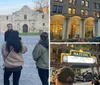 A person is explaining something to a small group of listeners in front of a historic building with a flagpole flying the Texas flag