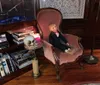A doll dressed in formal attire is seated on a vintage pink chair beside a small table with a skull and a lit candle in a room with classic decor and a bookshelf