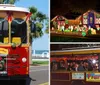 Passengers are enjoying a festive ride in a trolley adorned with twinkling lights looking out at colorful illuminations outside