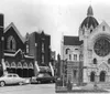 The image shows a side-by-side comparison of two different church buildings with vintage cars parked in front of the one on the left and the right image appearing older and more historical in style