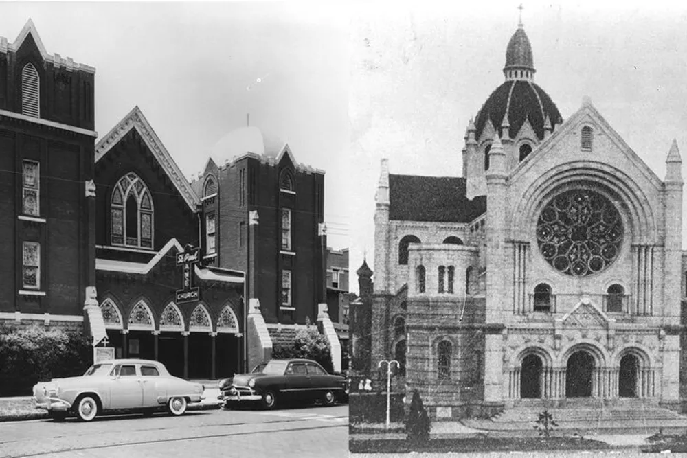 The image shows a side-by-side comparison of two different church buildings with vintage cars parked in front of the one on the left and the right image appearing older and more historical in style