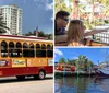 A trolley styled bus adorned with advertisements is parked on a sunny street lined with palm trees