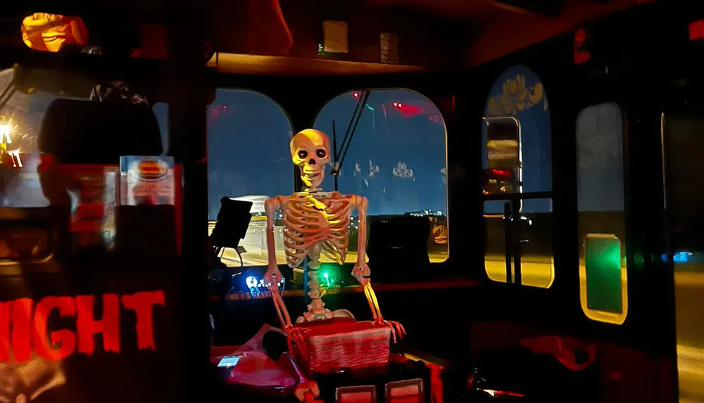 A skeleton model is positioned as if its driving a colorful festively decorated vehicle at night