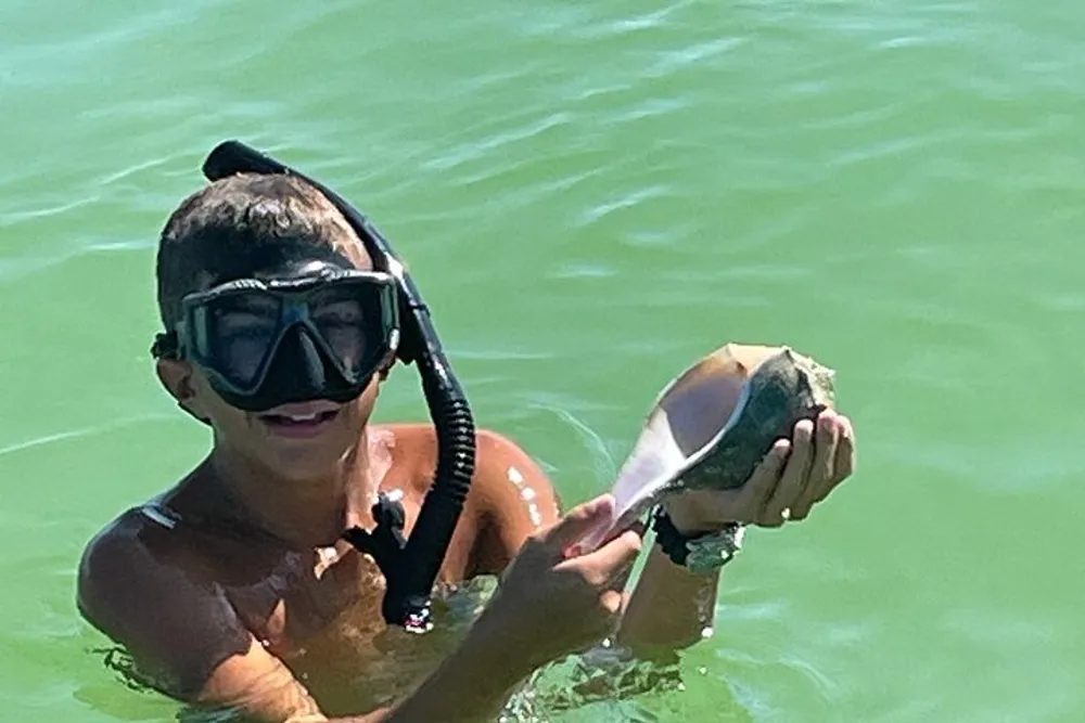 A smiling child with snorkeling gear is holding a conch shell above the water