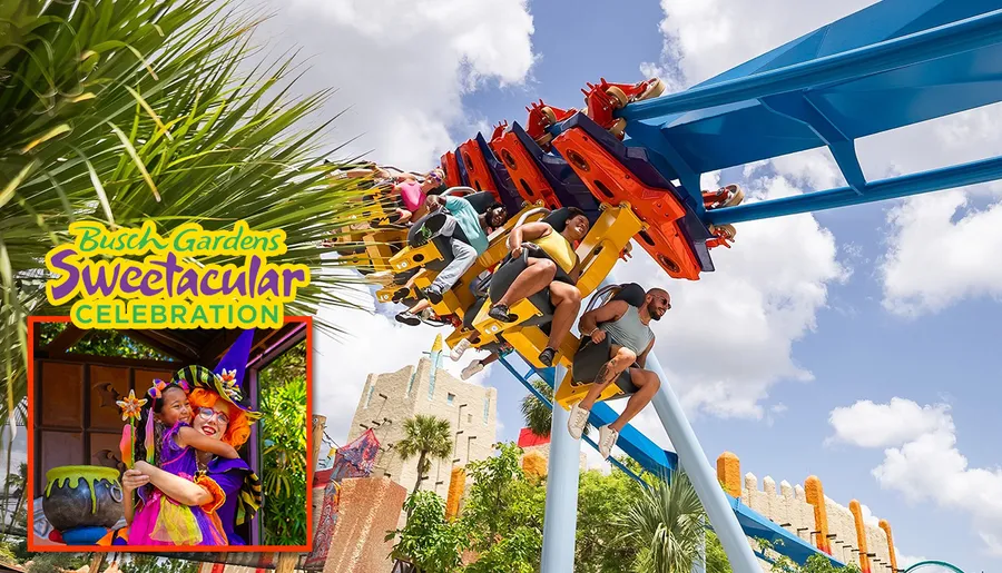 People are enjoying a thrilling roller coaster ride at Busch Gardens' Sweetacular Celebration, with a festive inset feature of colorful characters.