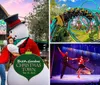 A group of people wearing festive Christmas attire is happily interacting with a person in a snowman costume at Busch Gardens Christmas Town event