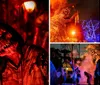 This image is a promotional poster for Busch Gardens Howl-O-Scream event in Tampa Bay featuring a spooky figure in a hooded costume with a skull-like mask set against a backdrop of eerie red lighting and Halloween decorations