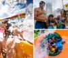 A man and a woman are joyfully riding down a water slide at a water park with splashes of water around them