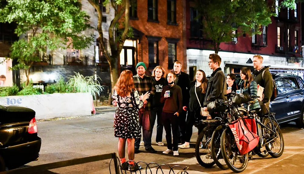 A group of people is gathered at night on a city street listening to a woman who appears to be speaking or giving a tour