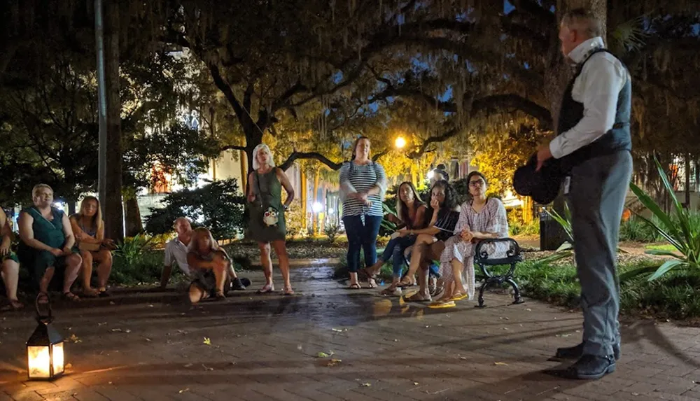 A group of people listens to a guide during an evening outdoor tour illuminated by street lights and a lantern on the ground