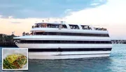 A large white yacht is sailing on the water with people on board, and there's a small inset showing a plate of food with green beans, rice, and a seasoned meat dish.